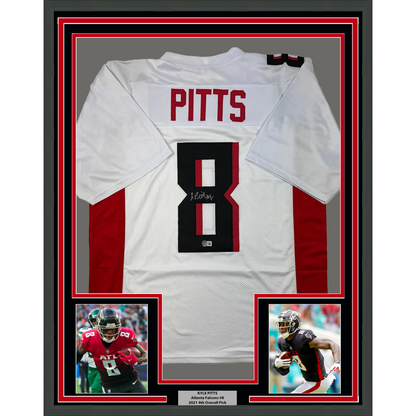 Framed Autographed/Signed Kyle Pitts 35x39 Atlanta White Football Jersey Beckett BAS COA