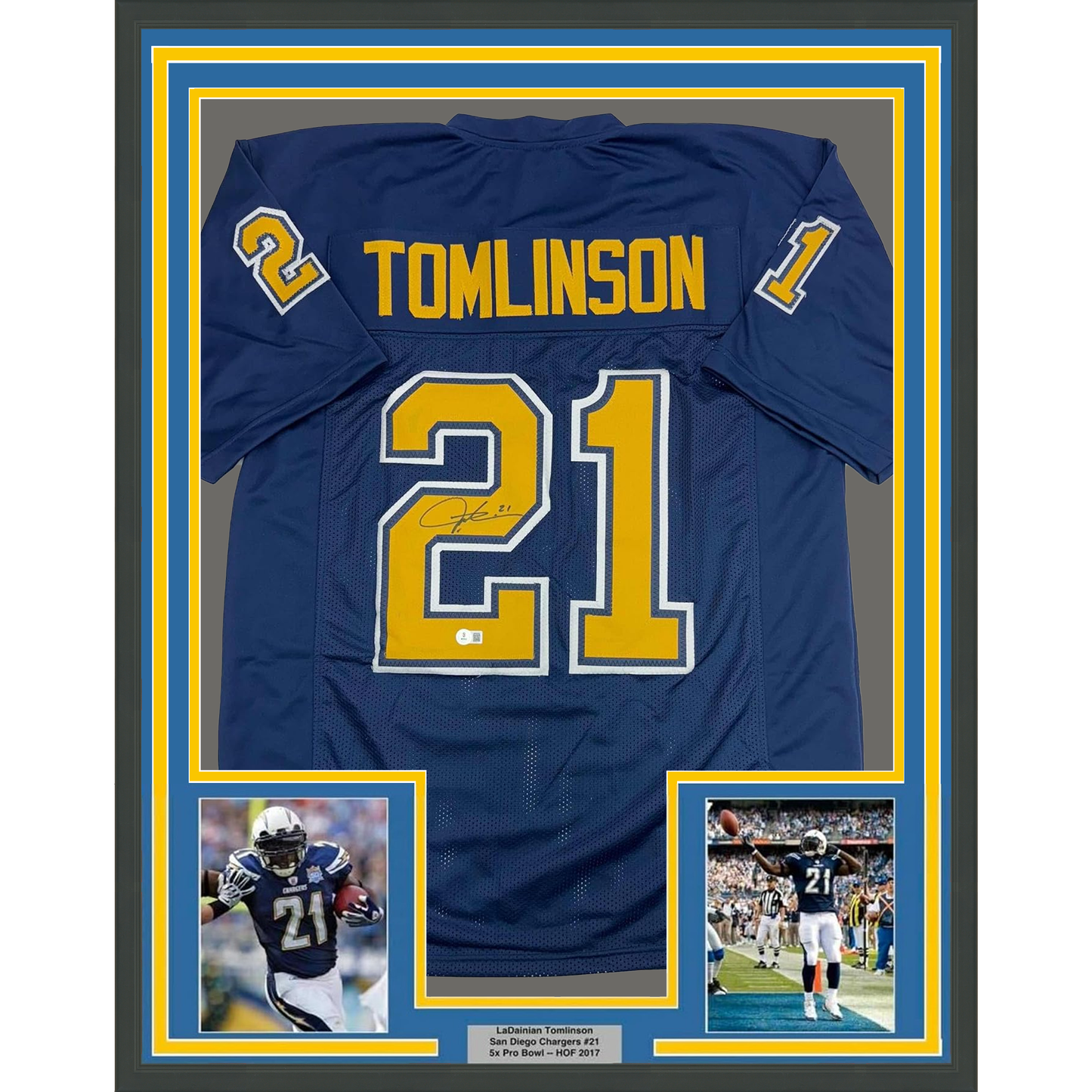 Framed Autographed/Signed LaDainian Tomlinson 35x39 San Diego Blue Color Rush Football Jersey Beckett BAS COA