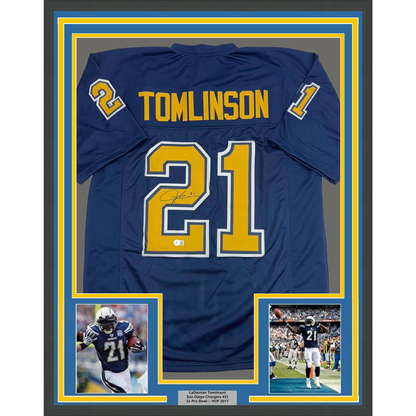 Framed Autographed/Signed LaDainian Tomlinson 35x39 San Diego Blue Color Rush Football Jersey Beckett BAS COA