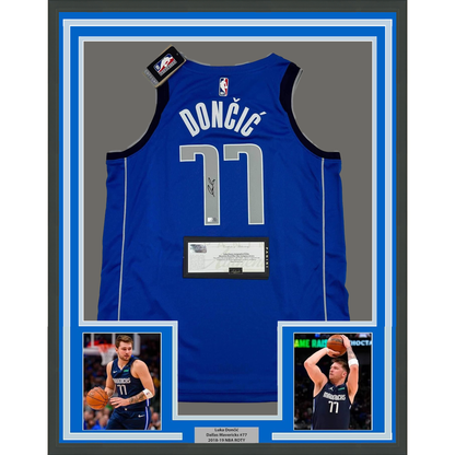 Framed Autographed/Signed Luka Doncic 35x39 Dallas Mavericks Blue Authentic Basketball Jersey Panini COA