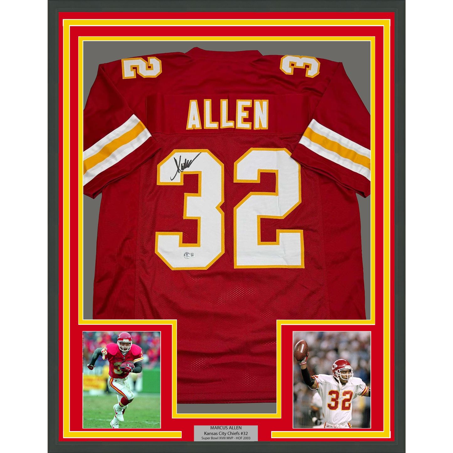 Framed Autographed/Signed Marcus Allen 35x39 Kansas City Red Football Jersey Beckett BAS COA