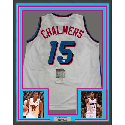Framed Autographed/Signed Mario Chalmers 35x39 Miami Vice White Basketball Jersey JSA COA