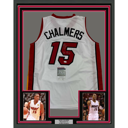 Framed Autographed/Signed Mario Chalmers 35x39 Miami White Basketball Jersey JSA COA