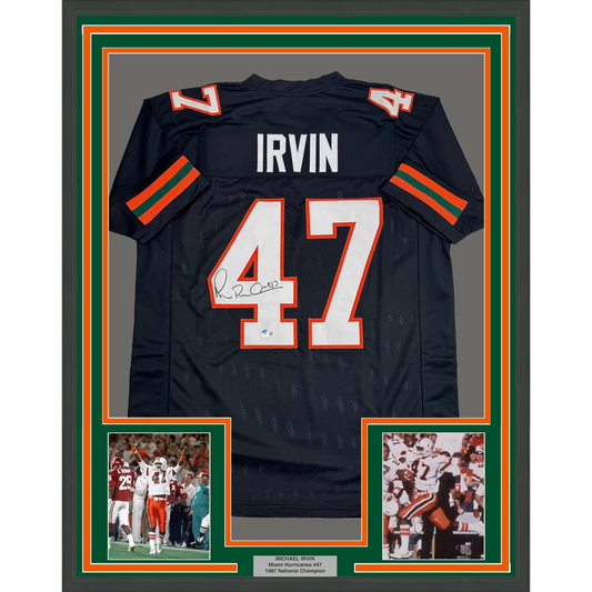 Framed Autographed/Signed Michael Irvin 35x39 Miami Black College Football Jersey Beckett BAS COA