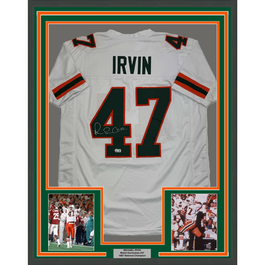 Framed Autographed/Signed Michael Irvin 35x39 Miami White College Football Jersey Beckett BAS COA