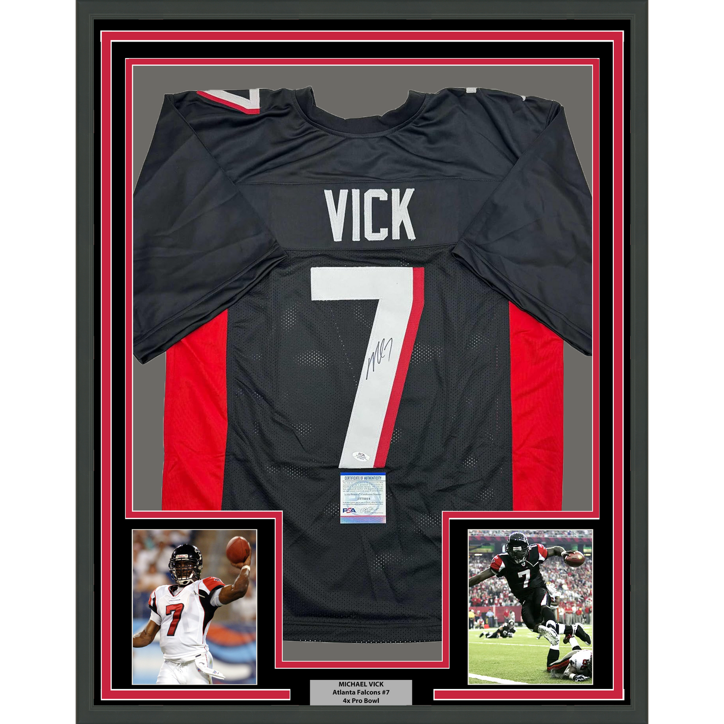 Framed Autographed/Signed Michael Mike Vick 35x39 Atlanta Black Football Jersey JSA COA