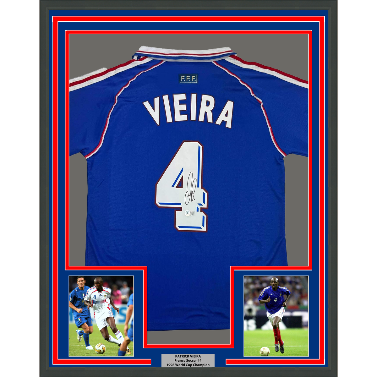 Framed Autographed/Signed Patrick Vieira 35x39 France French National Team Blue Soccer Jersey Beckett BAS COA