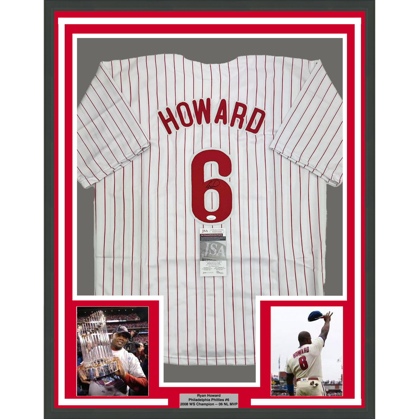 Framed Autographed/Signed Ryan Howard 35x39 Philadelphia Pinstripe Baseball Jersey JSA COA