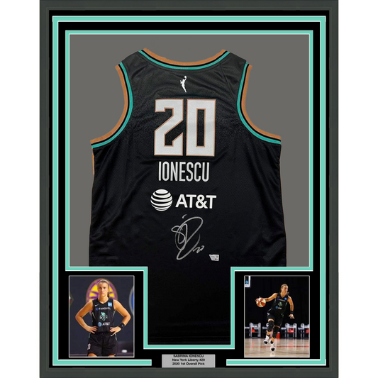 Framed Autographed/Signed Sabrina Ionescu 35x39 New York Liberty Black Swingman Basketball Jersey Fanatics COA