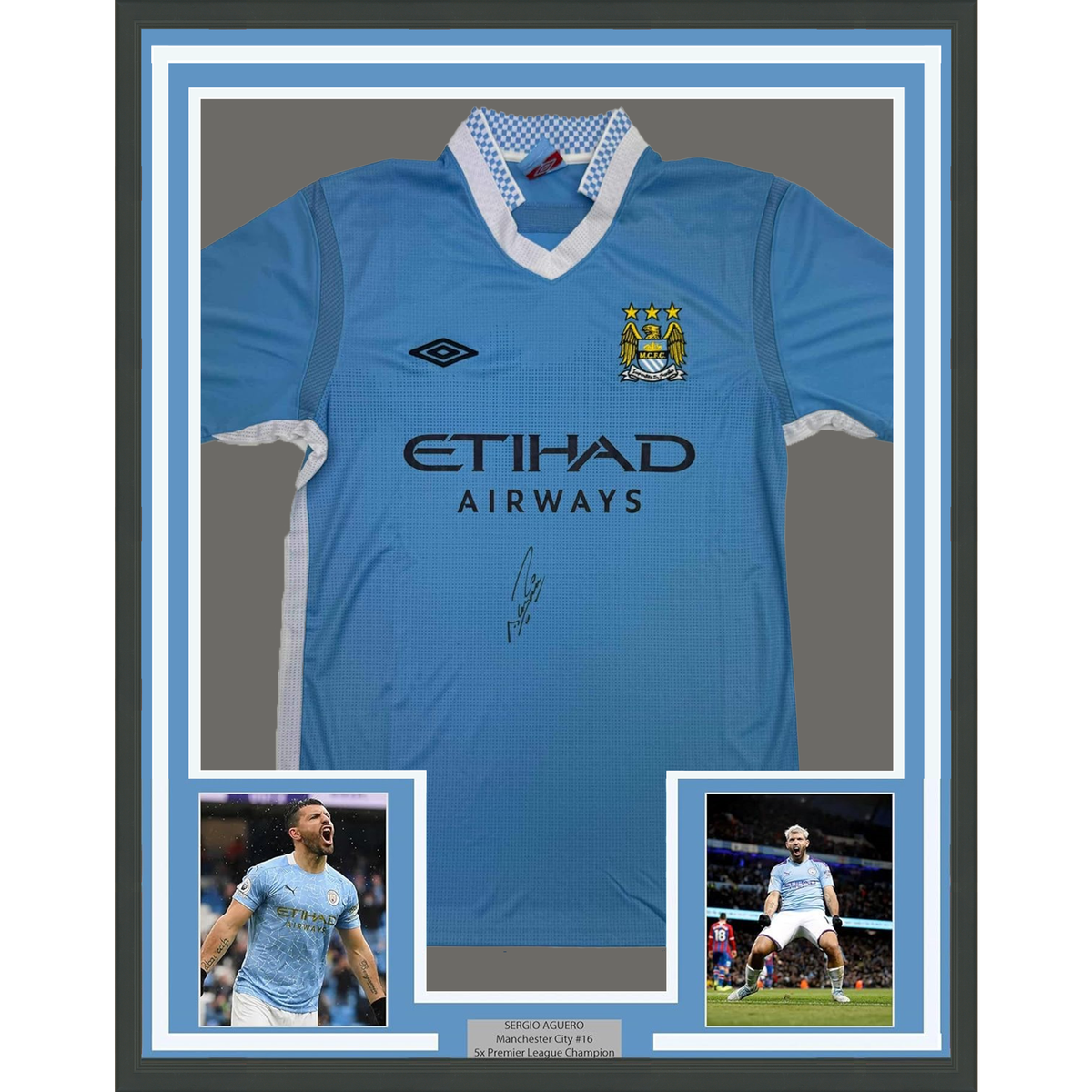 Framed Autographed/Signed Sergio Kun Aguero 35x39 Manchester City Blue Soccer Futbol Jersey Beckett BAS COA #2