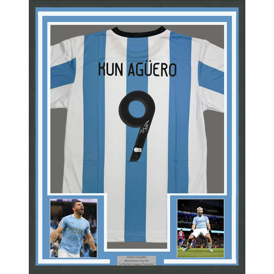 Framed Autographed/Signed Sergio Kun Aguero 35x39 Argentina Blue Soccer Futbol Jersey Beckett BAS COA #3