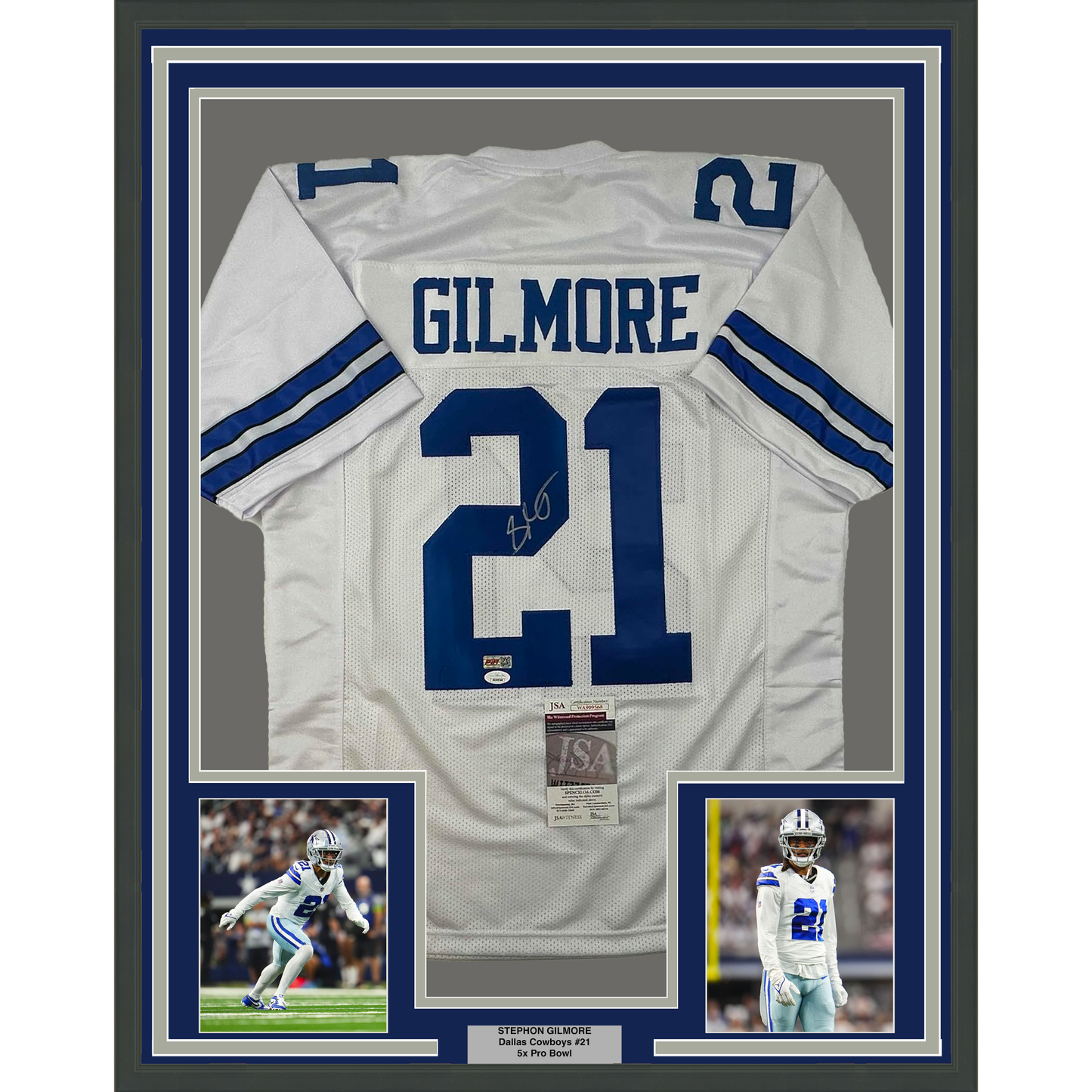 Framed Autographed/Signed Stephon Gilmore 35x39 Dallas White Football Jersey JSA COA