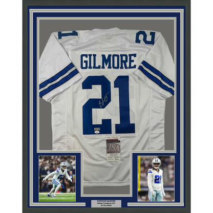 Framed Autographed/Signed Stephon Gilmore 35x39 Dallas White Football Jersey JSA COA