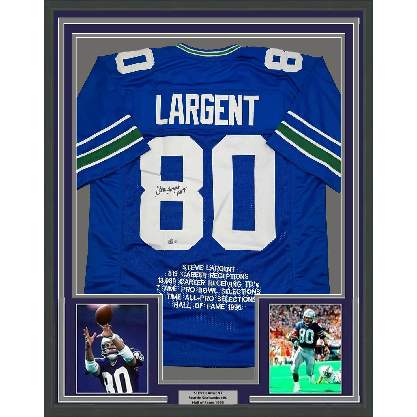 Framed Autographed/Signed Steve Largent HOF 95 35x39 Seattle Blue Stat Football Jersey Beckett BAS COA