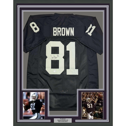 Framed Autographed/Signed Tim Brown 35x39 Oakland Black Football Jersey Beckett BAS COA