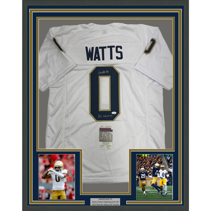 Framed Autographed/Signed Xavier Watts All-American 35x39 Notre Dame White College Football Jersey JSA COA