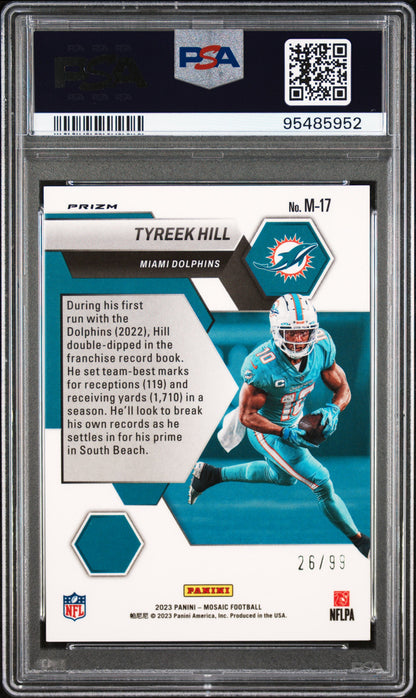 Graded 2023 Panini Mosaic Tyreek Hill #17 Montage Blue #/99 Football Card PSA 10 Gem Mint