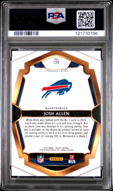 Graded 2018 Panini Select Josh Allen #139 Premier Level Jersey Rookie RC Football Card PSA 10 Gem Mint