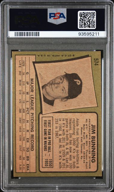 Graded 1971 Topps Jim Bunning #574 Baseball Card PSA 6 EX-MT