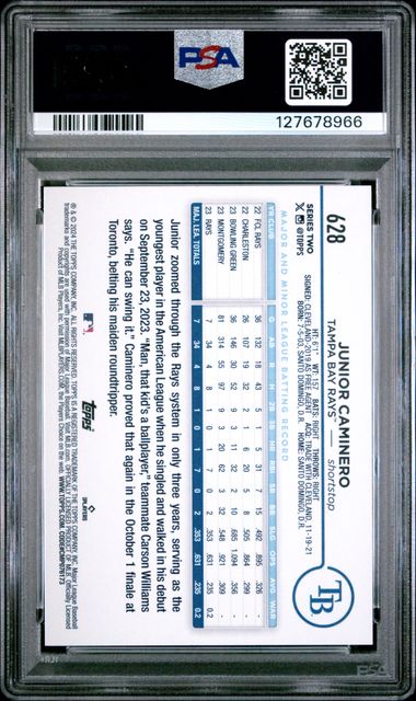 Graded 2024 Topps Junior Caminero #628 Rookie RC Baseball Card PSA 10 Gem Mint