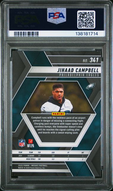 Graded 2025 Panini Mosaic Jihaad Campbell #341 Rookie RC Football Card PSA 10 Gem Mint