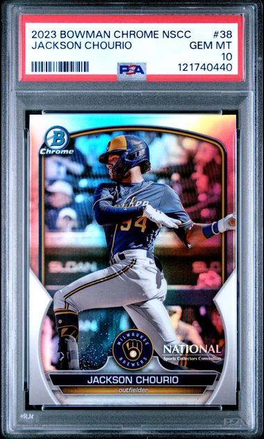 Graded 2023 Topps Bowman Chrome National Jackson Chourio #38 Chrome Rookie RC Baseball Card PSA 10 Gem Mint