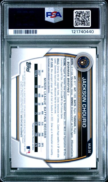 Graded 2023 Topps Bowman Chrome National Jackson Chourio #38 Chrome Rookie RC Baseball Card PSA 10 Gem Mint