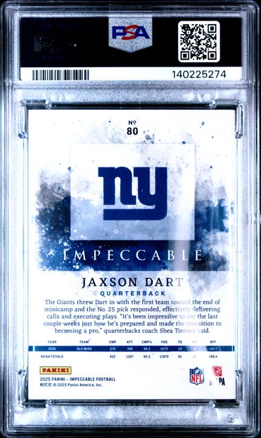 Graded 2025 Panini Impeccable Jaxson Dart #80 /80 Rookie RC Football Card PSA 10 Gem Mint