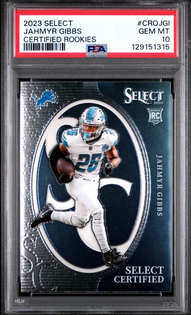 Graded 2023 Panini Select Jahmyr Gibbs #CROJGI Certified Rookies Rookie RC Football Card PSA 10 Gem Mint