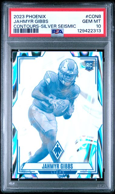 Graded 2023 Panini Phoenix Jahmyr Gibbs #CON8 Contours Silver Seismic Rookie RC Football Card PSA 10 Gem Mint
