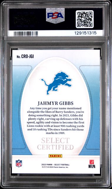Graded 2023 Panini Select Jahmyr Gibbs #CROJGI Certified Rookies Rookie RC Football Card PSA 10 Gem Mint