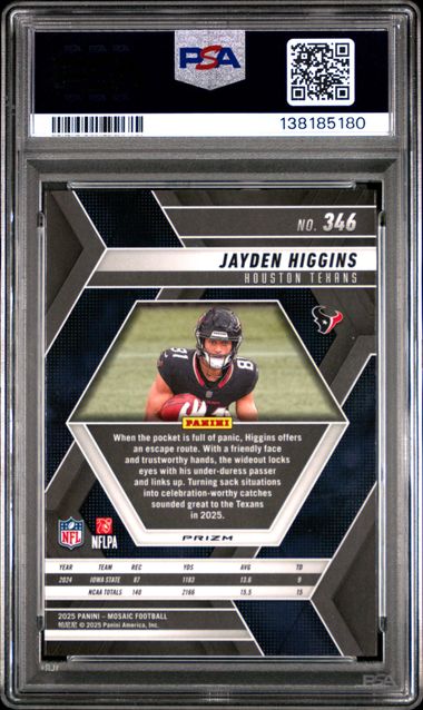 Graded 2025 Panini Mosaic Jayden Higgins #346 Red & White Stripe Rookie RC Football Card PSA 10 Gem Mint