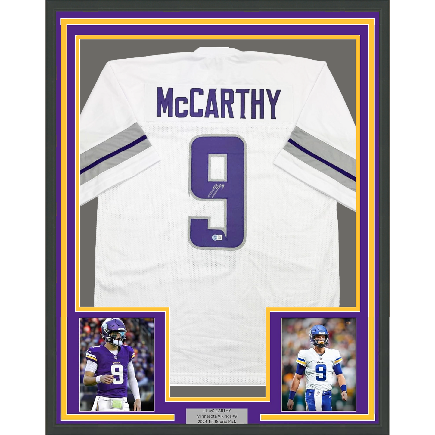 Framed Autographed/Signed J.J. JJ McCarthy 35x39 Minnesota Winter Warrior White Football Jersey Beckett BAS COA