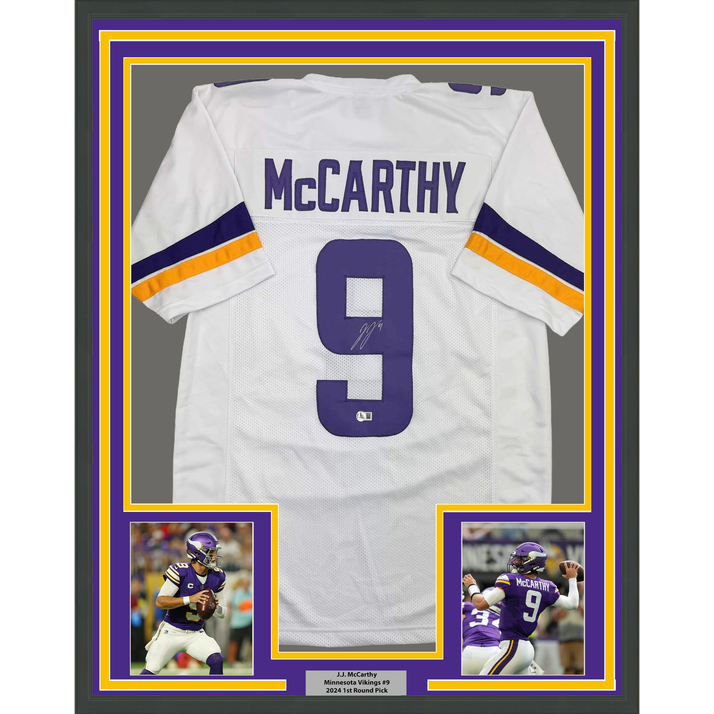 Framed Autographed/Signed J.J. JJ McCarthy 35x39 Minnesota White Football Jersey Beckett BAS COA