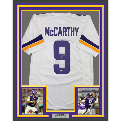 Framed Autographed/Signed J.J. JJ McCarthy 35x39 Minnesota White Football Jersey Beckett BAS COA
