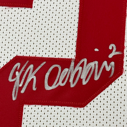 Framed Autographed/Signed JK J.K. Dobbins 35x39 Ohio State White College Football Jersey JSA COA
