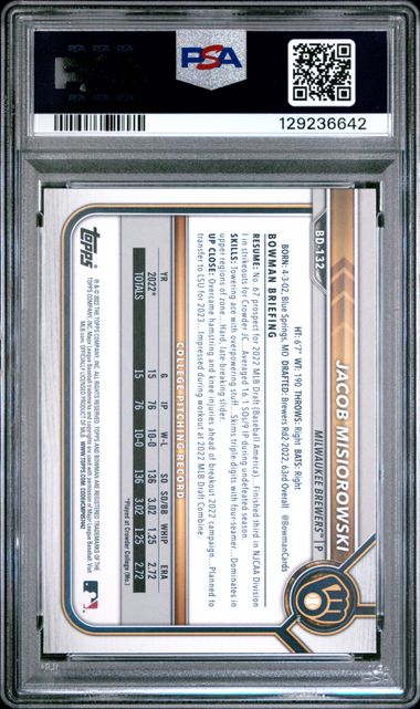 Graded 2022 Topps Bowman Draft 1st Edition Jacob Misiorowski #BD132 Rookie RC Baseball Card PSA 10 Gem Mint