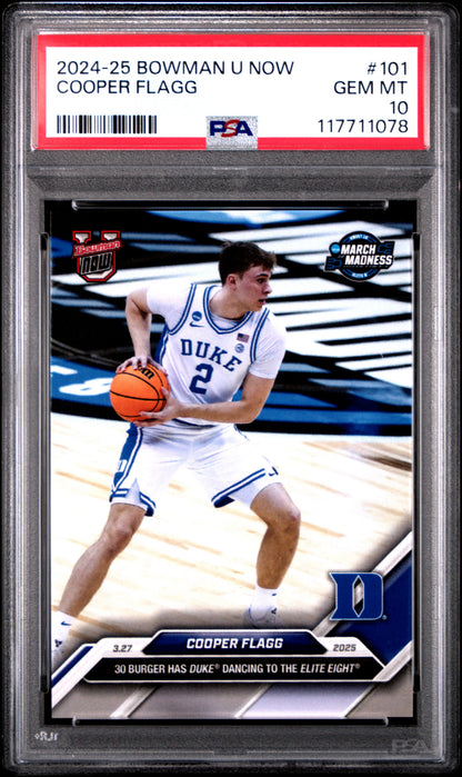 Graded 2024 Topps Bowman U Now Cooper Flagg #101 30 Burger Has Duke Dancing to the Elite Eight Rookie RC Basketball Card PSA 10 Gem Mint