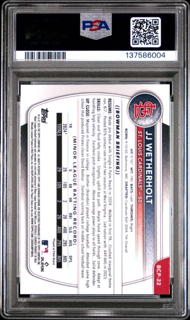 Graded 2025 Topps Bowman Sapphire JJ Wetherholt #BCP22 Chrome Prospect Rookie RC Baseball Card PSA 10 Gem Mint