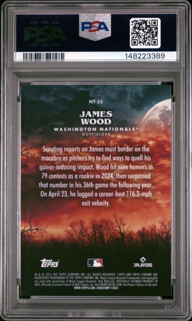 Graded 2025 Topps Chrome Update James Wood #25 Night Terrors Rookie RC Baseball Card PSA 10 Gem Mint