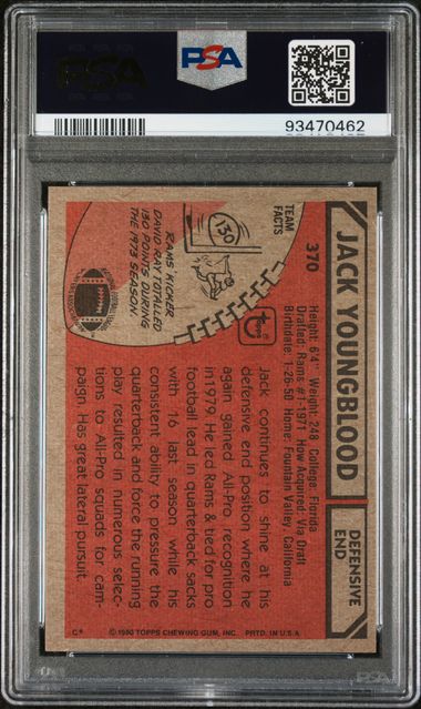 Graded 1980 Topps Jack Youngblood #370 Football Card PSA 7 NM