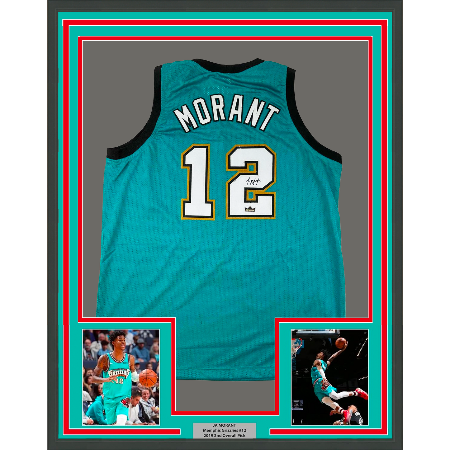 Framed Facsimile Autographed Ja Morant 35x39 Memphis Teal Retro Reprint Laser Auto Basketball Jersey
