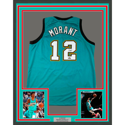 Framed Facsimile Autographed Ja Morant 35x39 Memphis Teal Retro Reprint Laser Auto Basketball Jersey