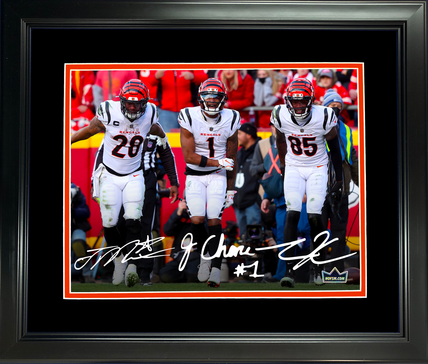 Framed Ja'Marr Chase, Joe Mixon & Tee Higgins Cincinnati Bengals Facsimile Laser Engraved Signature Auto 11"x14" Football Photo HOFSM Holo