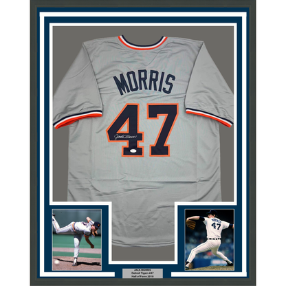 Framed Autographed/Signed Jack Morris 35x39 Detroit Grey Baseball Jersey JSA COA
