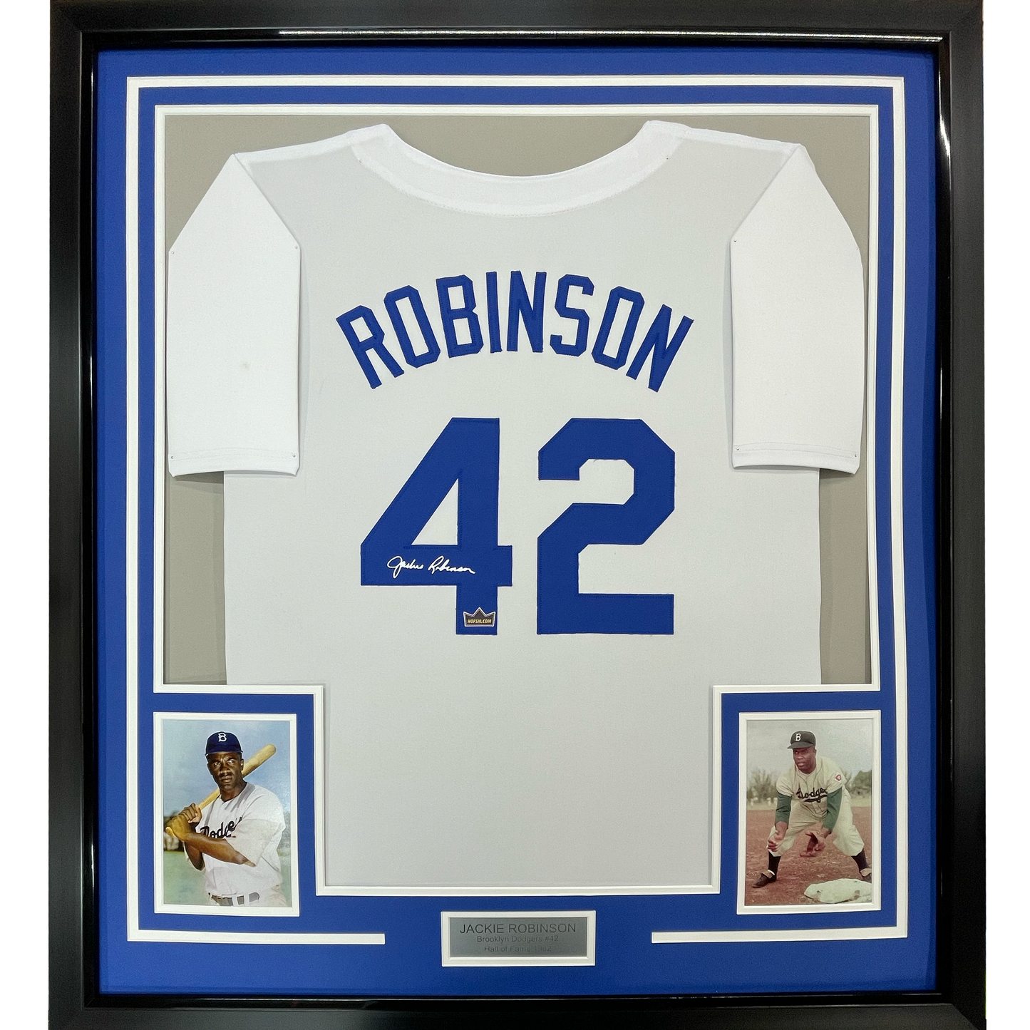 Framed Facsimile Autographed Jackie Robinson 35x39 Brooklyn Los Angeles LA White Reprint Laser Auto Baseball Jersey