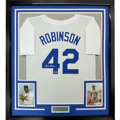 Framed Facsimile Autographed Jackie Robinson 35x39 Brooklyn Los Angeles LA White Reprint Laser Auto Baseball Jersey
