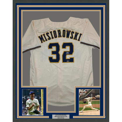 Framed Facsimile Autographed Jacob Misiorowski 35x39 Milwaukee Cream Reprint Laser Auto Baseball Jersey