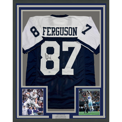 Framed Autographed/Signed Jake Ferguson 35x39 Dallas Thanksgiving Football Jersey Beckett BAS COA