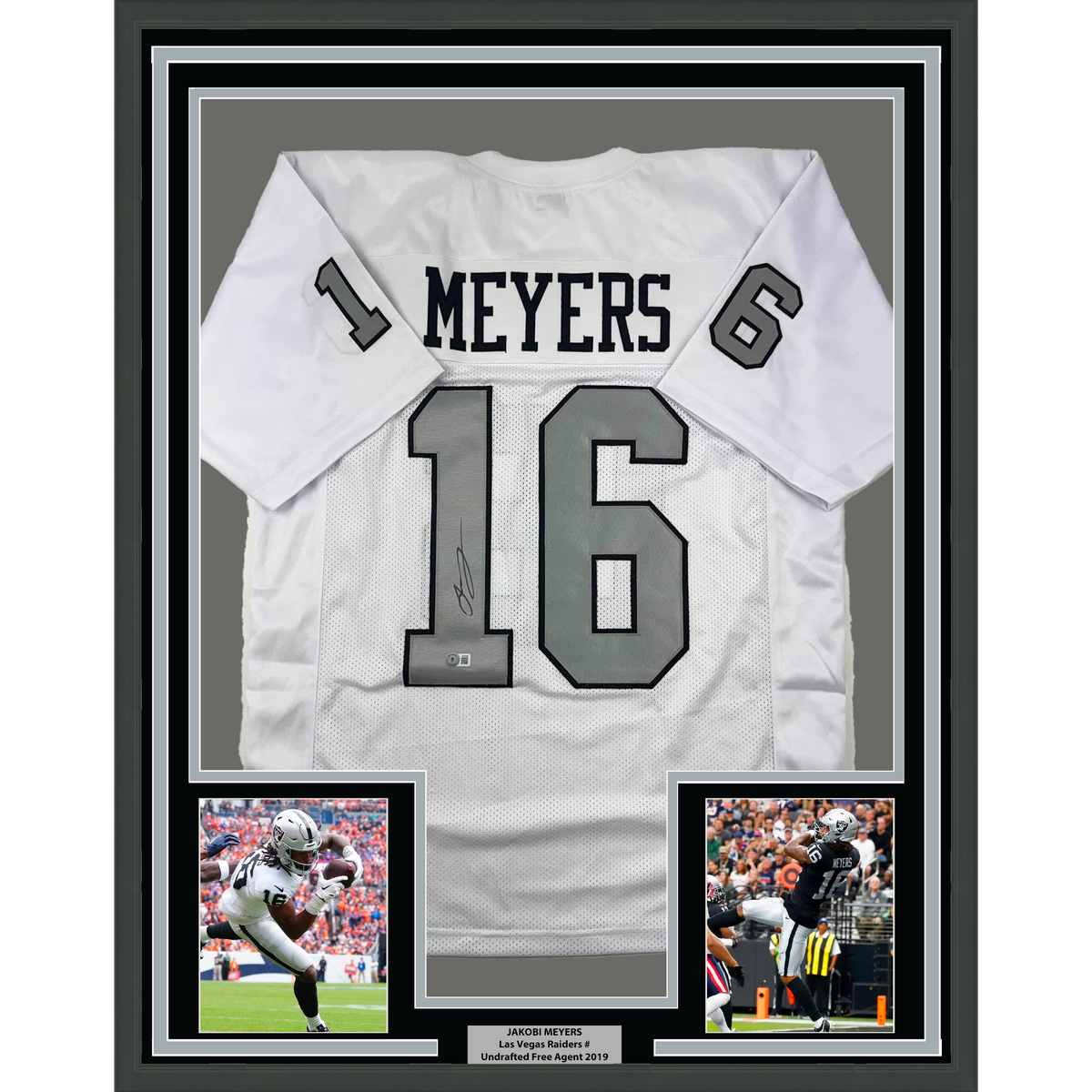Framed Autographed/Signed Jakobi Meyers 35x39 Las Vegas Oakland White Color Rush Football Jersey Beckett BAS COA